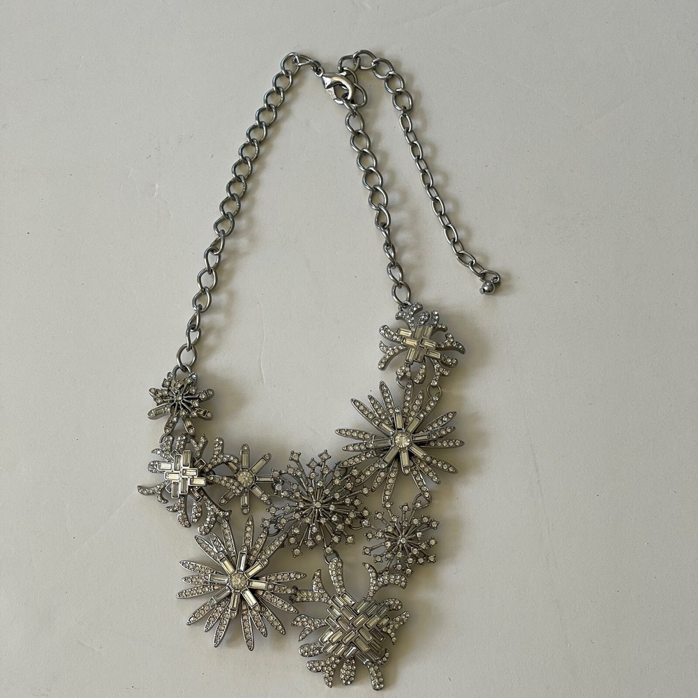 Statement Silver Tone Bib Rhinestone Necklace Adjustable 18-20"